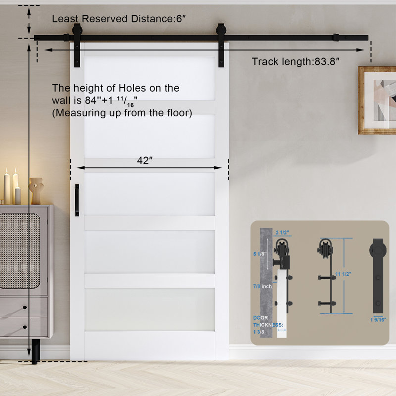 Glass and Manufactured Wood Sliding Barn Door with Installation Hardware Kit, 42" x 84"