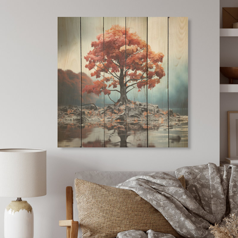 Feuillage abstrait érable - arbre érable, art sur bois de pin naturel, H 15 po x l 15 po