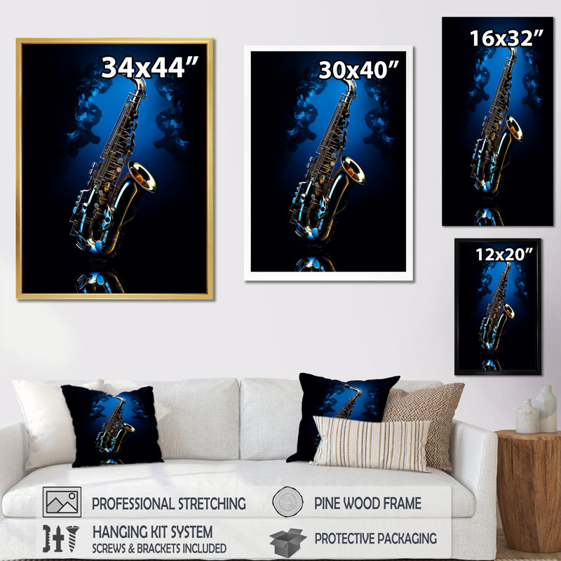 Midnight Blue Saxophone Print on Canvas with Wooden Frame