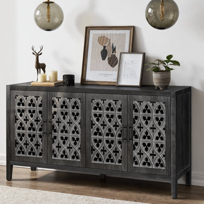 Armoire d'appoint 60 po à treillis creux de 60 po au fini brun antique, buffet à 4 portes avec rangement, crédence de style campagnard traditionnel pour le salon, la cuisine ou le meuble télé