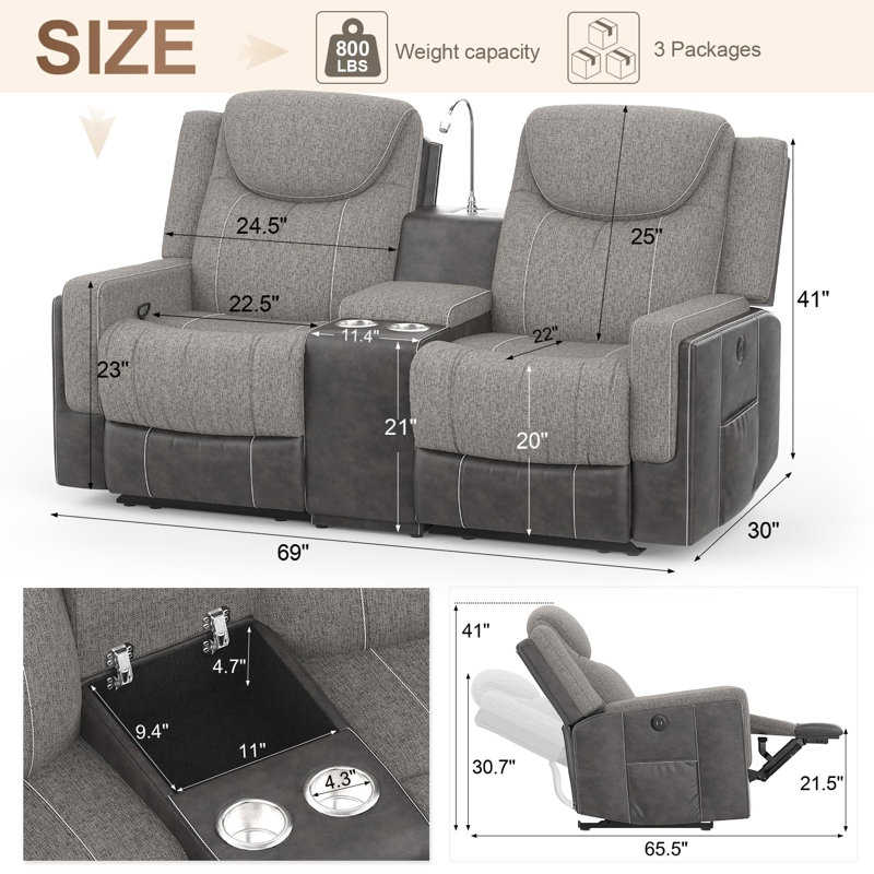 Canapé manuel inclinable manuel avec lampe de lecture, tissu chic et similicuir avec console de rangement, porte-gobelets, ports USB pour salon / véhicule récréatif