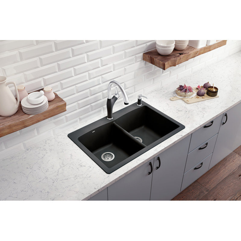 Diamond SILGRANIT 33" L x 22" W Double Bowl Drop-In/Undermount Kitchen Sink, Coal Black