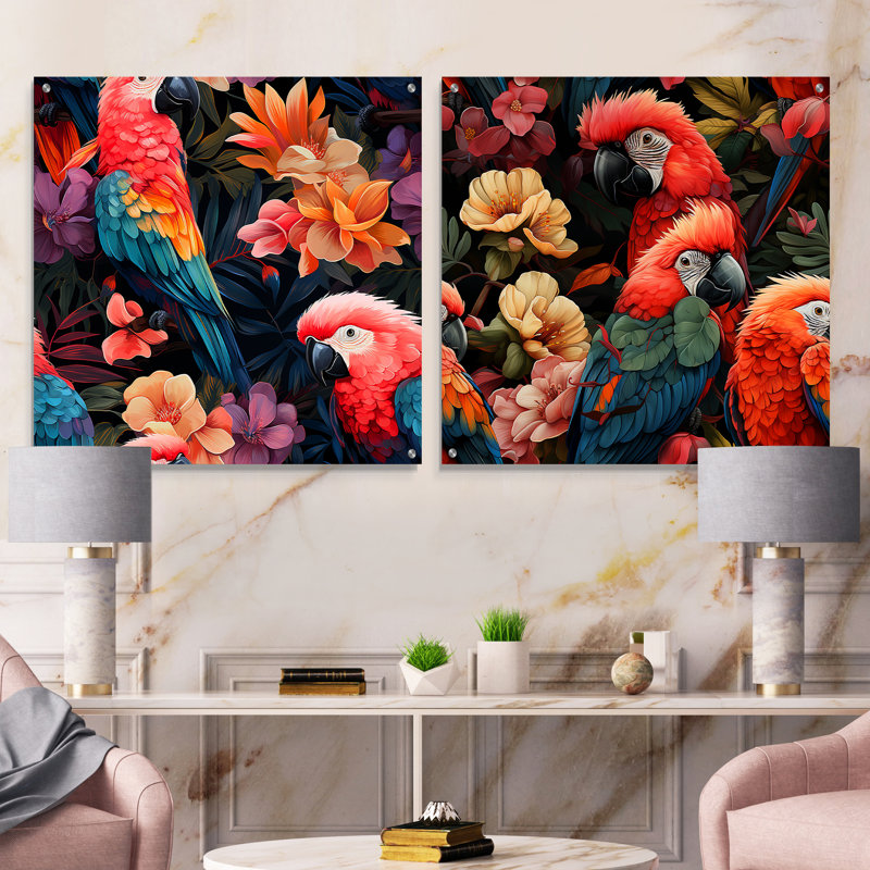 Parrot Haven, motif tropical - ensemble d'art mural en verre acrylique bord de mer tropical, H 30 po x l 61 po
