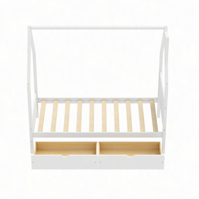 Bed Frame, Montessori Bed with 2 Storage Drawers, Wood House Shape Bed with Headboard, No Box Spring Needed, Easy Assemble