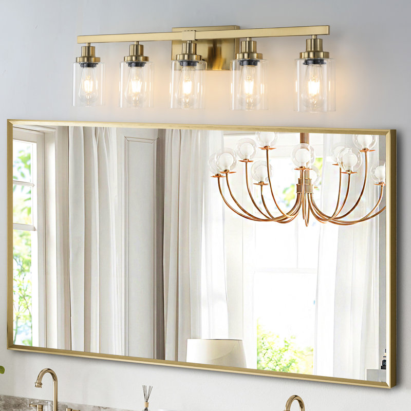 Golden 5- Bathroom Vanity Lamp With Clear Glass, Iron Metal Mirror Fixture For Bathroom, Ideal & Dressing Table Refinement Addition, E26 Bulb Supported  No Bulbs Modern Fixture, Enhancement,