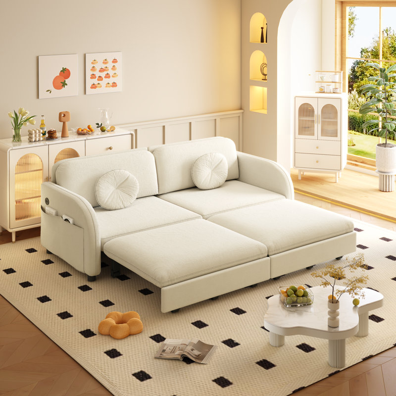 Canapé-lit convertible en chenille 3-en-1 avec poche latérale et port USB, H 35,25 po x l 65,45 po x P 33,05 po, Beige
