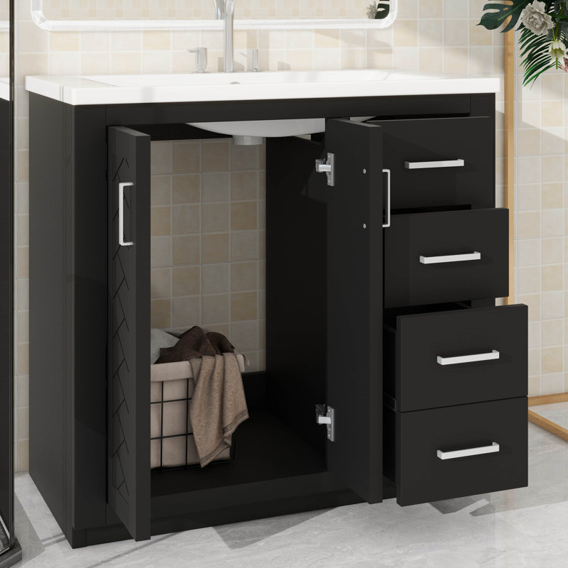 Ensemble de meuble-lavabo 36 po avec lavabo en céramique 36 po, meuble-lavabo indépendant équipé de 3 tiroirs, Noir, Blanc