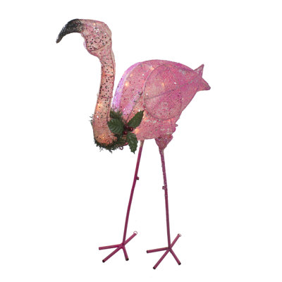 3' Pink Glittered Flamingo with Holly and Berry Outdoor Yard Decor