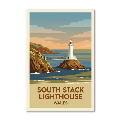 South Stack Lighthouse, Wales - Romantic Coastal Travel Poster of Anglesey's Beacon. Giclee Print on Wrapped Canvas. Wall Art, Home Decor - Coastal & Maritime, Wales 1 Piece Wrapped Canvas Wall Art