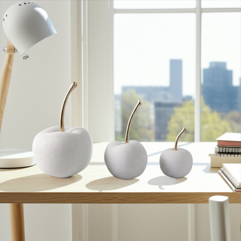 Decorative Object Polyresin Cherry Shaped Sculptures With Stems Home Or Office Accent Set Of 3 - 8", 5" White