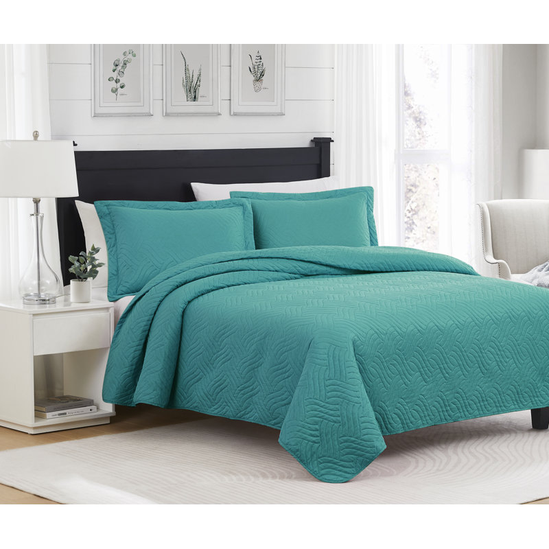 Ruby Waves Microfiber Quilt Set, King Quilt + 2 King Sham, Turquoise