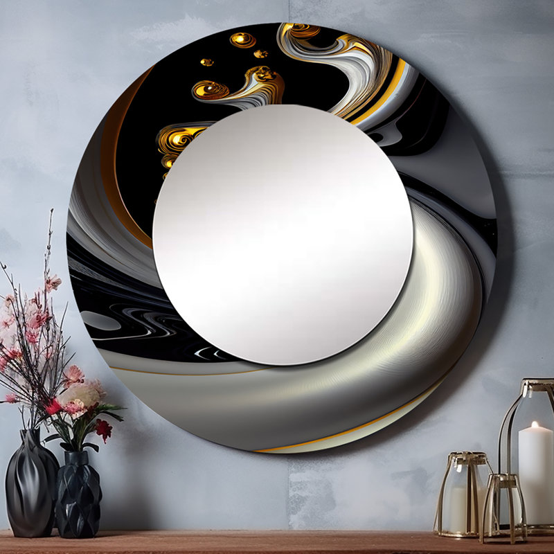Abstract Spirals Decorative Wall Mirror, Gold Round Mirror, Printed Metal Art, 36" x 36"