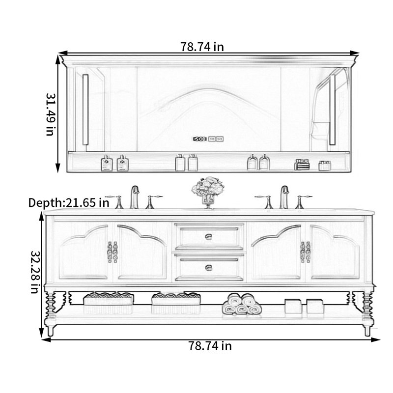 Armoire de salle de bain American Vintage, H 32,28 po x l 78,74 po x P 21,65 po