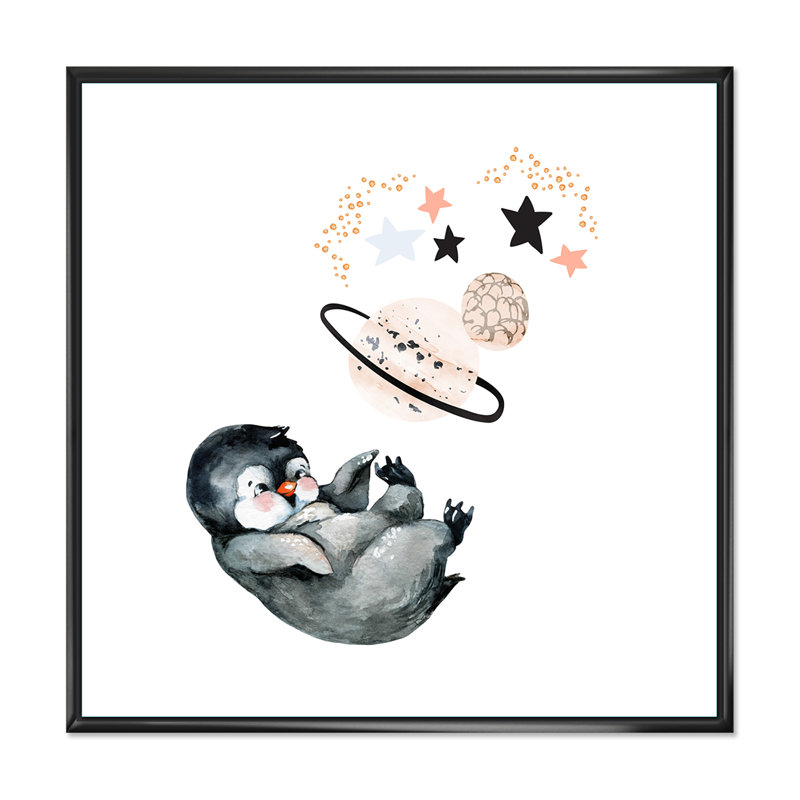 Mignon petit pingouin - peinture, H 16 po x l 16 po x P 1 po, Cadre flottant noir