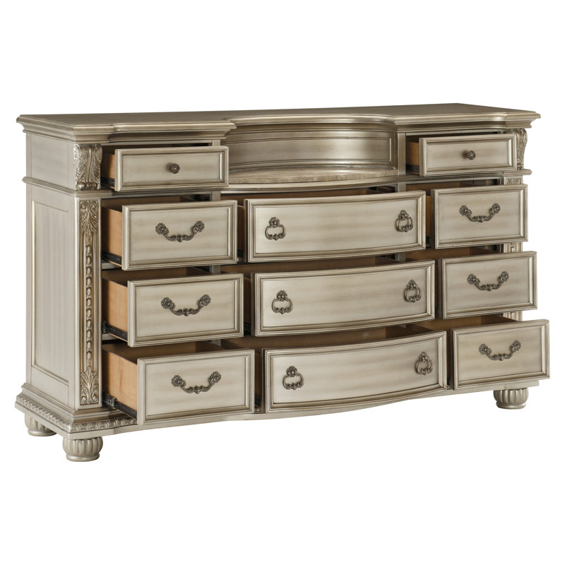 Commode de luxe 1 pièce à finition argentée avec 11 tiroirs et mobilier en marbre véritable