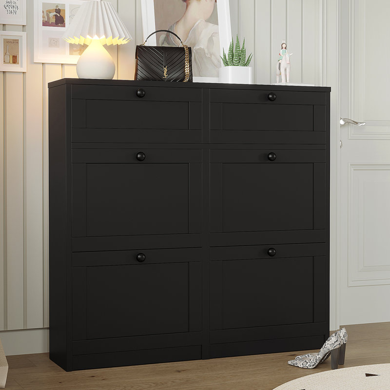 24 pairs shoe storage cabinet with 4 doors and 2 drawers, shoe cabinet with adjustable shelves for  entryway, Black