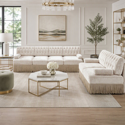 Ensemble de canapés Chesterfield surdimensionnés (2 pièces) : canapé 2 places et canapé 4 places en velours capitonné avec jupe à pompons, mobilier rembourré en mousse haute densité pour salon.