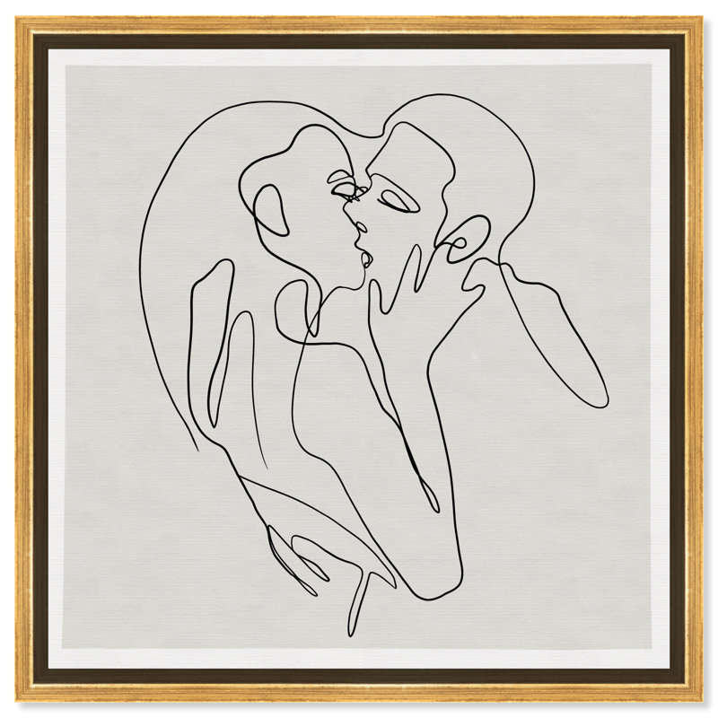 People and Portraits Contour Kiss Couples - Peinture sur toile, H 30 po x l 30 po, Cadre flottant doré