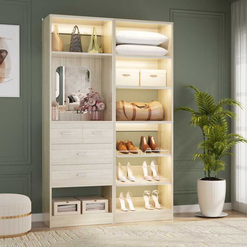 Closet System with Drawers, Mirrors and Shoe Racks, Washed Oak