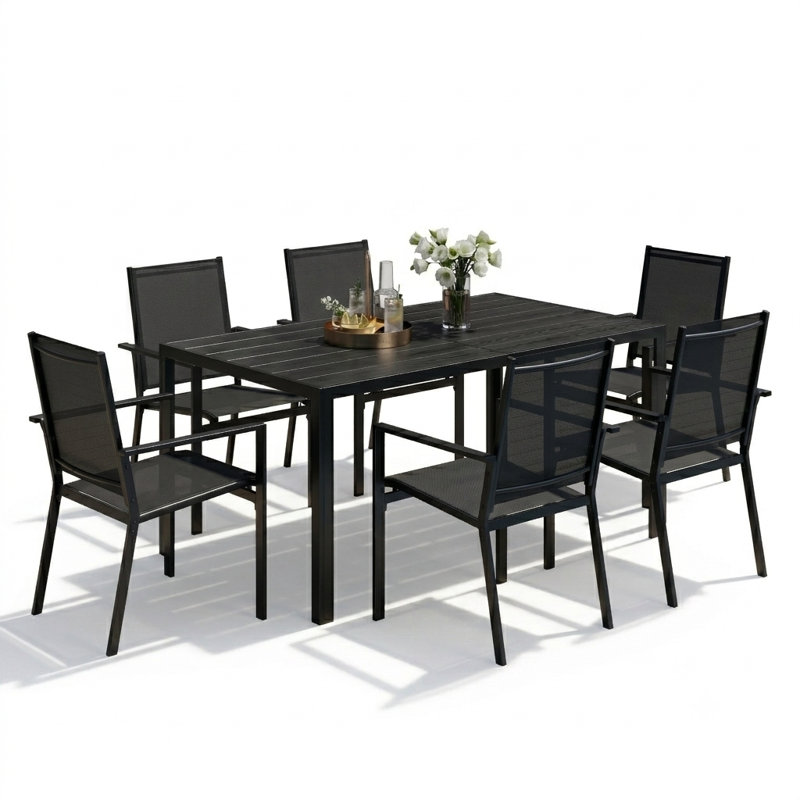Ensemble de table de salle à manger d'extérieur 7 pièces avec 6 fauteuils empilables revêtus de polyester enduit de PVC-b