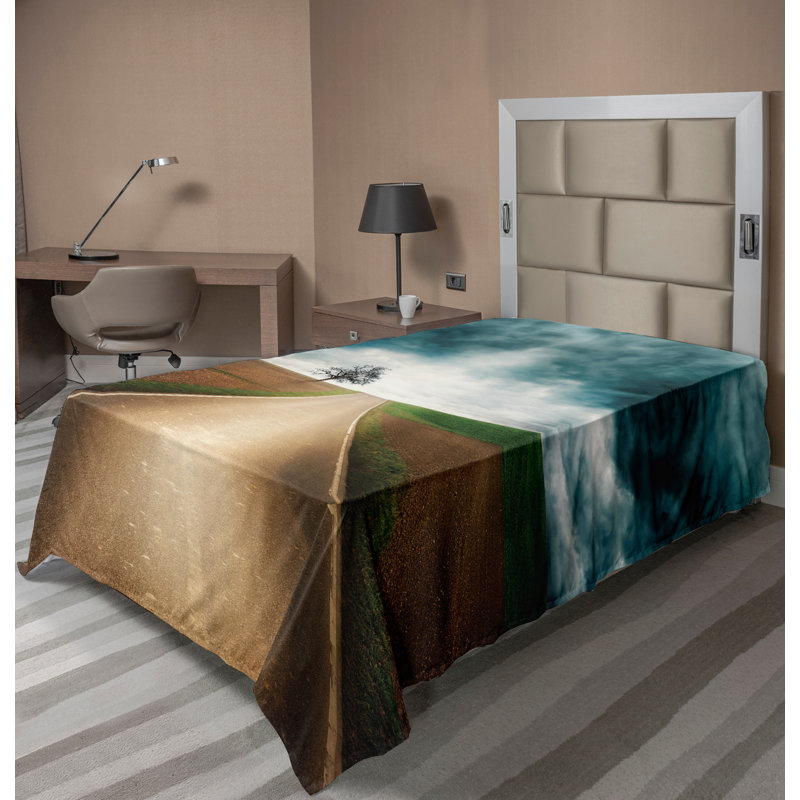 Ambesonne, paysage, drap plat, feuilles, voyages, nuages, sarcelle brun, Drap plat pour lit simple