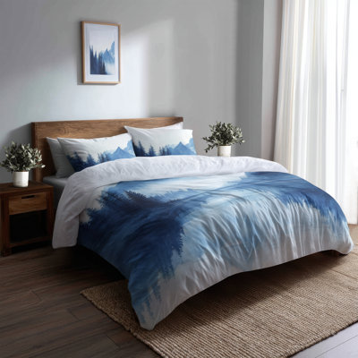 Mountain River Mist 3 Pcs Bedding Set - Blue Landscape Bedding And Shams Set