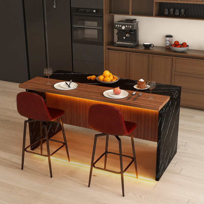 Table moderne avec 2 tabourets de bar, ensemble de table de salle à manger avec éclairage DEL pour la salle à manger