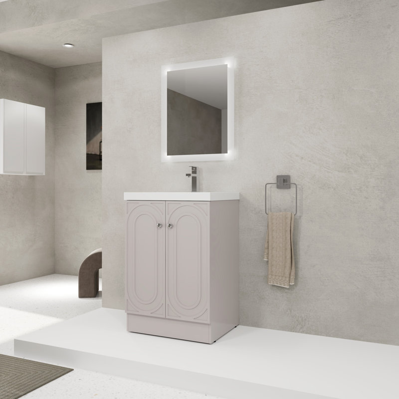 Meuble-lavabo autoportant avec lavabo en résine blanche et 2 portes d'armoire à fermeture en douceur (emballage KD), Kaki