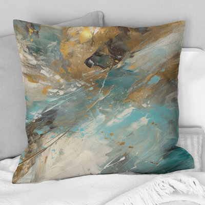 Golden Hour In Turquoise Waves I - Abstract Painting Printed Throw Pillow