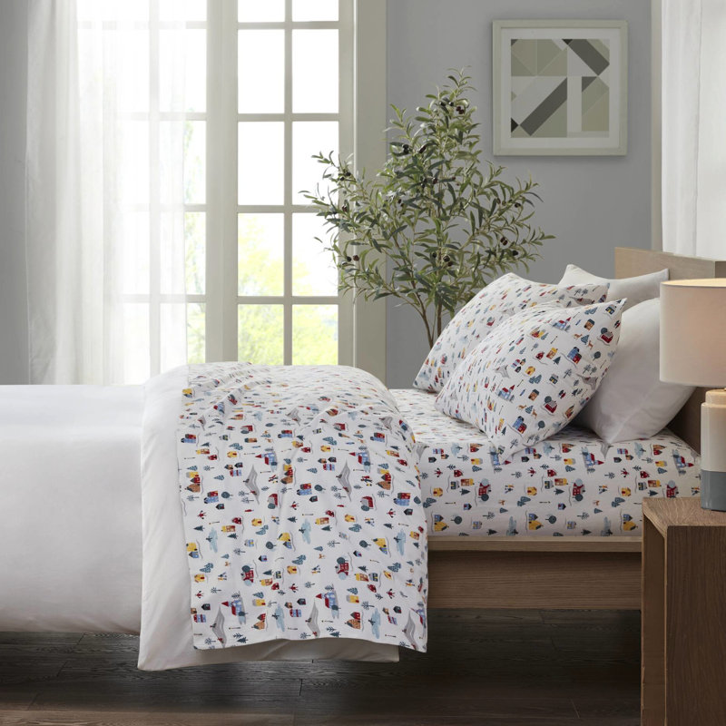 Ensemble de draps 4 pièces en flanelle de coton 100%, avec imprimé village blanc, doux au toucher, confortable et lavable à la machine