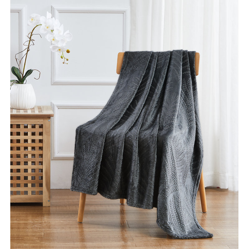  Jeté en molleton ultra doux et moelleux, Fougères gris anthracite, 50 po x 70 po