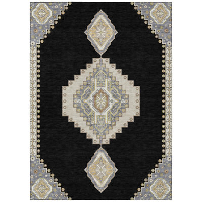 10' X 14' Black Oriental Washable Indoor Outdoor Area Rug