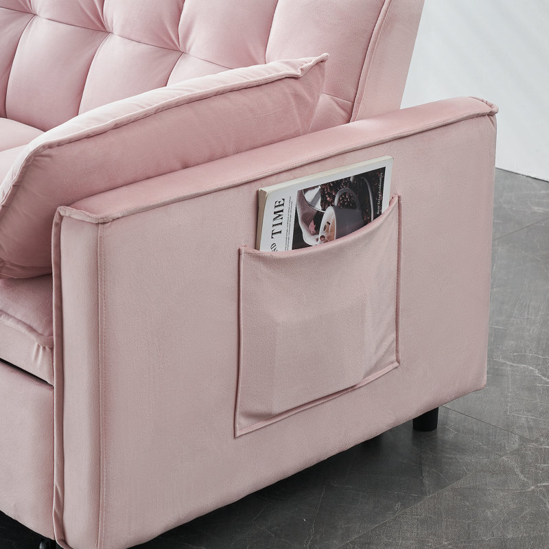 Canapé moderne en velours, lit gigogne, petit causeuse avec dossier, coussin et poches, Rose