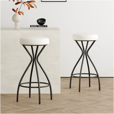 Modern Backless Bar Stools Set Of 2 Round Upholstered Counter Stools For Kitchen Island Velvet Dining Chairs (Black & Creamy White)