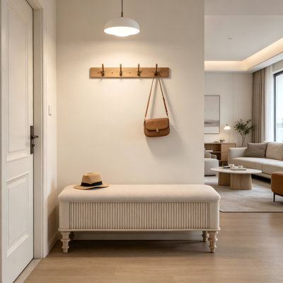Banc avec repose-pieds en bois d'hévéa massif 51 po, banc de bout avec siège en lin, pour chambre à coucher, vestibule, salon, vestibule, garde-robe, beige