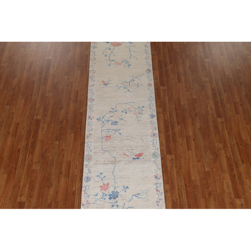 Tapis de couloir beige en laine noué à la main de conception unique 2 pi 10 po x 11 pi 7 po New Age