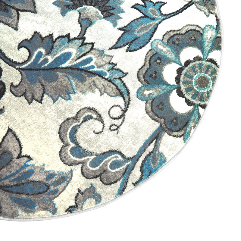 Tapis à motif floral ivoire et bleu, Rond 5 pi 2 po