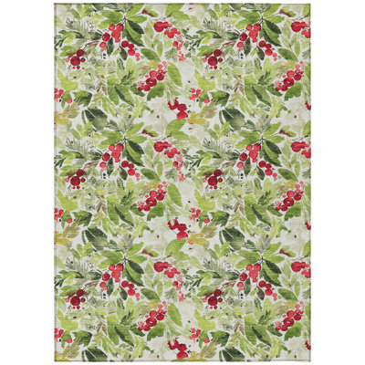 Machine Washable Indoor/Outdoor Christmas Cherries Xhevrie Aloe Rug