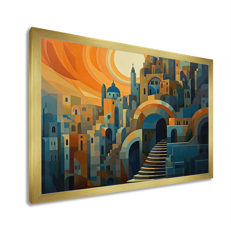 «Yellow and Blue Retro Radiance», reproduction sur toile encadrée, H 12 po x l 20 po x P 1 po, Encadrement doré