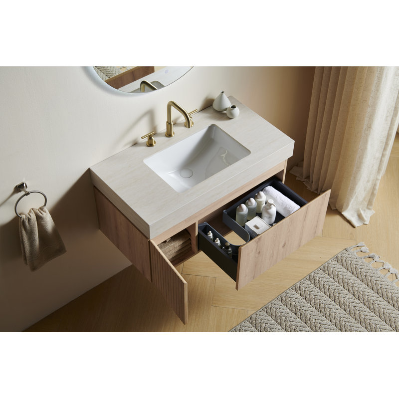 Meuble-lavabo mural 36 po avec comptoir en pierre frittée et lavabo encastré en céramique Muri, Chêne blanc, Beige, 36"