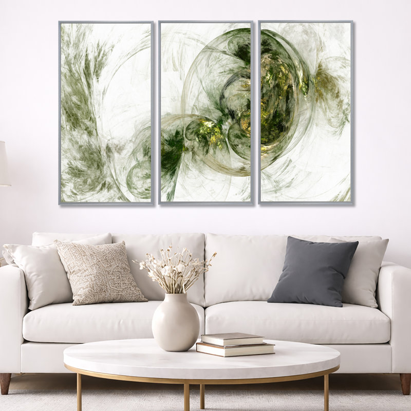 Coloured Smoke Green - ensemble de 3 reproductions d'art encadrées abstraites sur toile, 40" H x 60" W, Argent argent