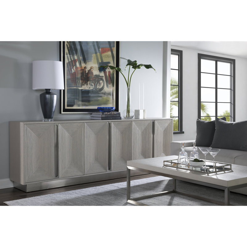 Contemporary Ash Gray 101'' Oak Media Console with Stainless Accents