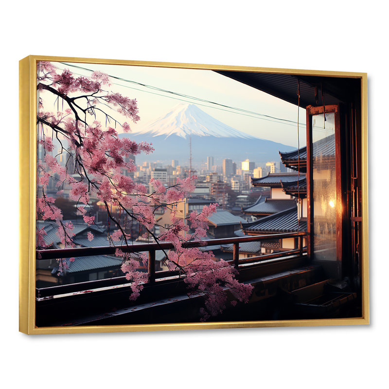 Japon, fenêtre sur la ville, vue sur la sérénité - Japon, art mural, Cadre flottant doré, H 34 po x l 44 po x P 1,5 po