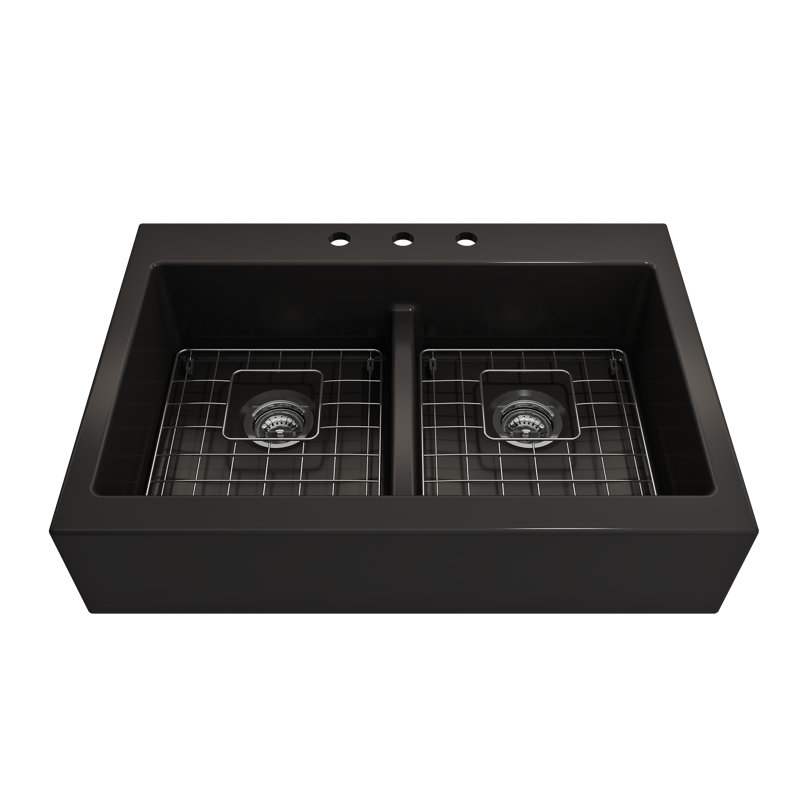 Évier de cuisine à double cuve de ferme avec crépine Nuova L 34 po x l 24 po Nuova, Noir mat