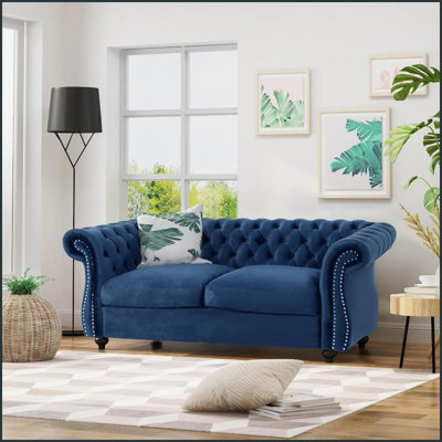 Chesterfield Velvet Loveseat with Rolled Arms &amp; Wood Legs – 61.75” W Living Room Sofa | Blue