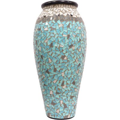 Zorigs Floor Vase, 24 Inch Mosaic Vase – Tall Cylinder Made of Terracotta with Sky Blue and Teal Glass Mosaic Pieces – Handcrafted Decorative Home Décor Accent Piece for Bedroom, Living Room, Office