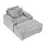 Canapé simple en velours côtelé gris avec un coussin, deux coussins décoratifs, un repose-pieds et deux espaces de rangement.