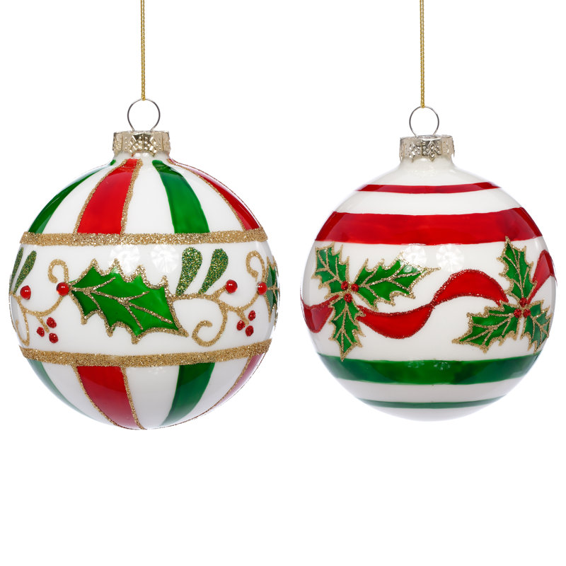Holly Ribbon Ball Ornament, 4 Inches