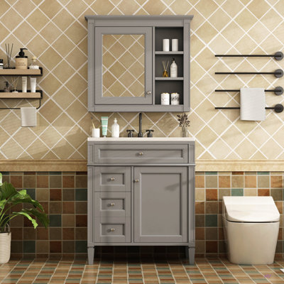 Ensemble de meuble-lavabo autoportant 30 po avec lavabo supérieur, meuble-lavabo moderne avec 2 tiroirs et un tiroir basculant, meuble-lavabo autoportant avec miroir et meuble-lavabo simple