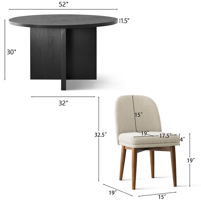 5-Piece Modern Black Round Dining Set, Beige